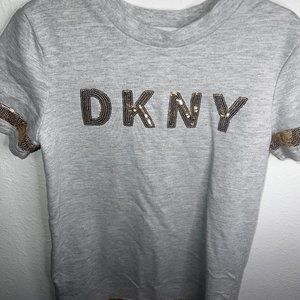 Girls' DKNY gray t-shirt dress with gold lettering and trim size small (7)